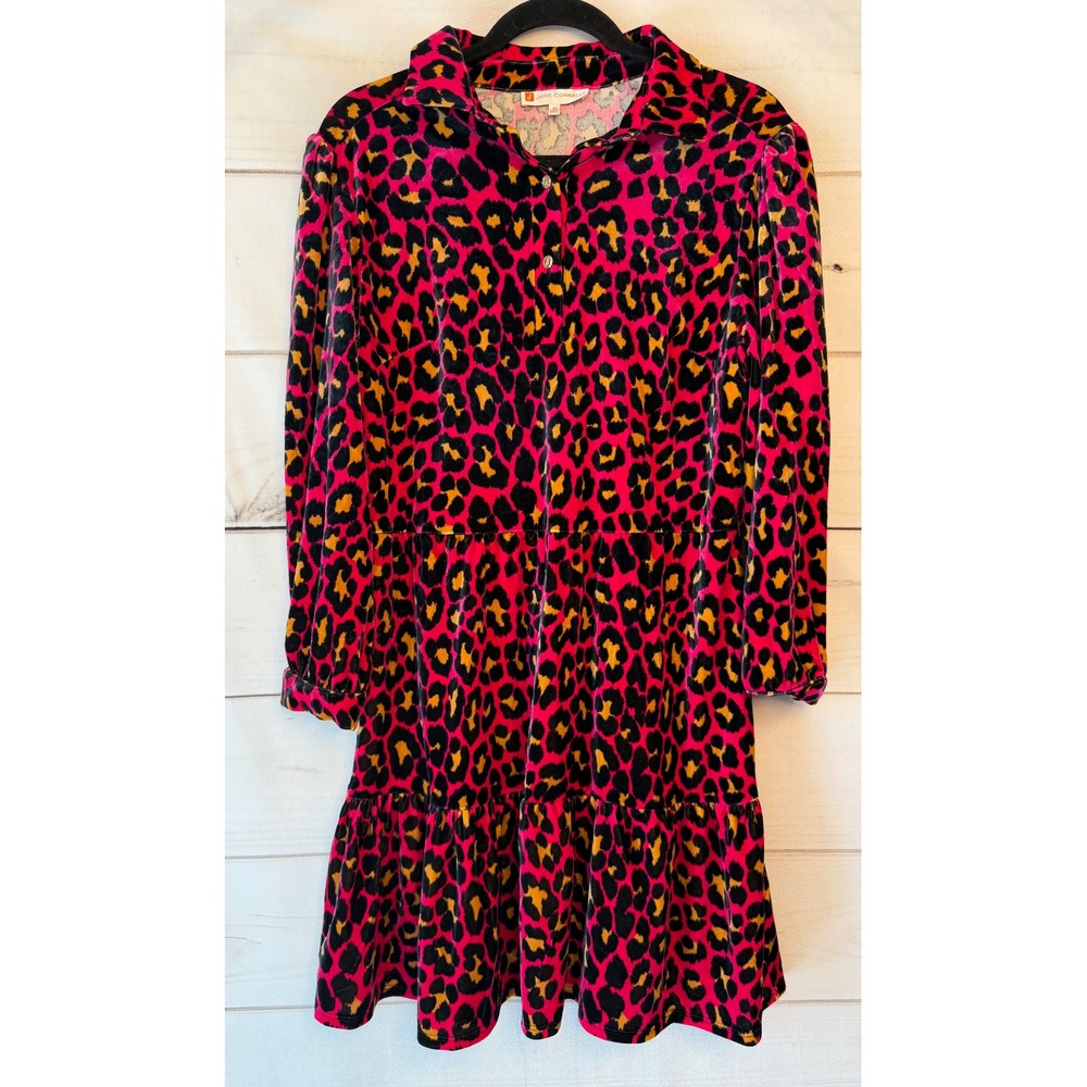Jude Connally Pink Leopard Velvet Tiered Mini Dress Womens Medium Long Sleeve